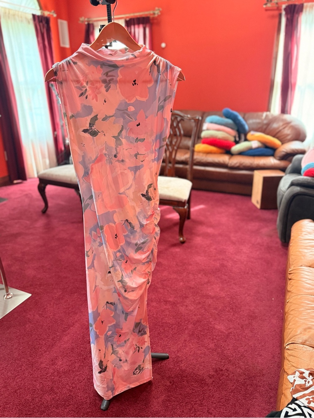SHEIN Pink Floral Sleeveless Ruched Maxi Dress